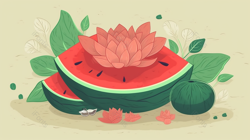 可口夏天夏至凉爽西瓜切开花朵绽放水果叶子装饰画,插画/手绘图,插画/手绘图库,插画/手绘图下载,插画/手绘